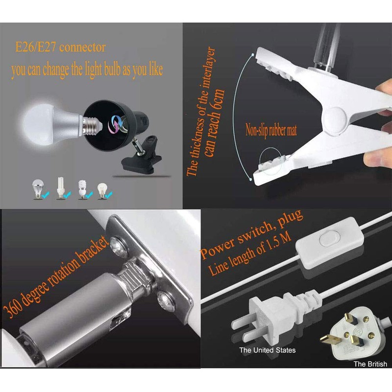 Sun-Rising Rong&LAN Clip lamp,360° Rotation Clip on Lamp Portable Book