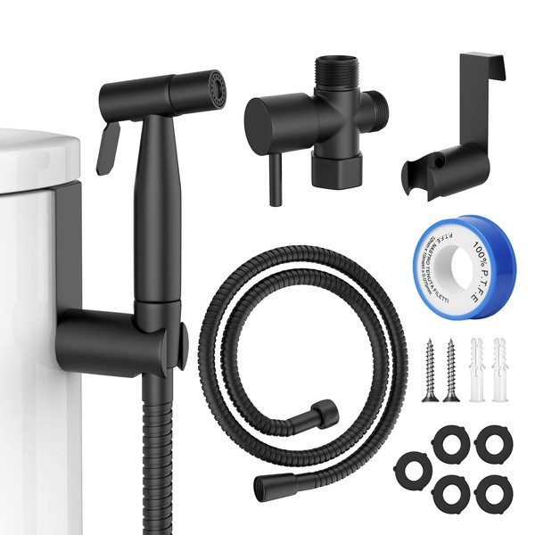 Bidet Sprayer for Toilet, Stainless Steel Handheld Sprayer Attachment with hose for Feminine Wash, Baby Diaper Cloth Washer and Shower Sprayer for Pet, Wall or Toilet Mount, Black