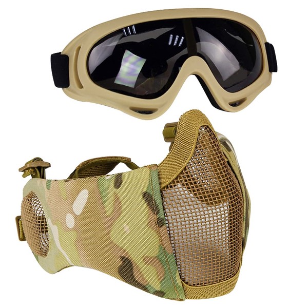 AOUTACC Airsoft Protective Gear Set, Half Face Mesh Masks with Ear Protection and Goggles Set for CS/Hunting/Paintball/Shooting (CP)