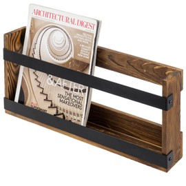 MyGift Rustic Burnt Solid Wood and Industrial Matte Black Metal Magazine Display Rack, Wall Mountable Double Wide Book Holder or Standing Organizer