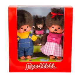 Sekiguchi 254870 - Original Monchhichi Mädchen und Junge mit Baby im Set, aus braunem Plüsch, mit Outfits