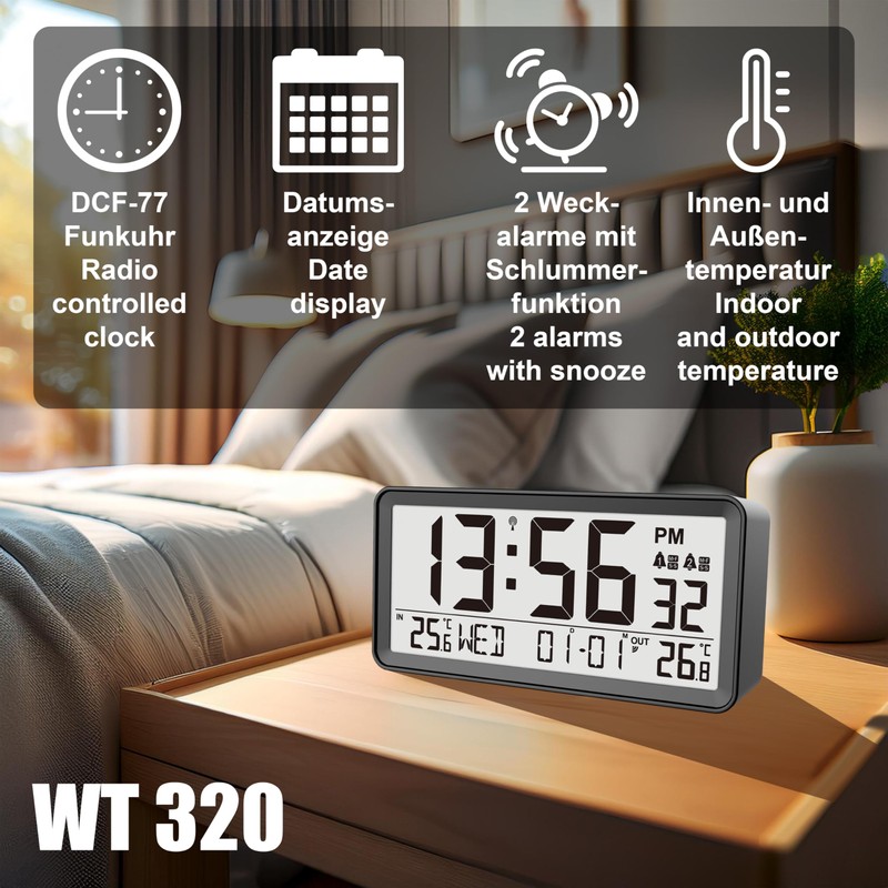 Techno line WT320 Radio-Controlled Alarm Clock with Indoor Temperature and