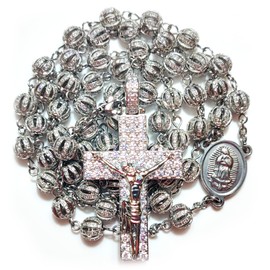 GeekTenet Premium Luxury Rosary Beads Chaplet Stainless Steel Zircon Rosery Cross Catholic gifts (Silver2)