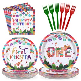 96PCS Mexican Fiesta 1st Birthday Party Decorations Colorful Mexican Birthday Party Plates Disposable Cinco De Mayo Tableware for Mexican Fiesta Cactus Taco Bout First Birthday, Serves 24