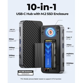 USB C Hub with M.2 SSD Enclosure, New Upgrade ORICO 10-in-1 USB-C Docking Station with Built in fan, 10Gbps USB 3.2 Gen2 M.2 NVMe SSD Reader, Support 4K@60Hz HDMI, 100W PD, Ethernet, SD/TF - DPM2P9-V1