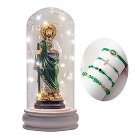 AEMYNOUZ 9.1'' Saint Jude Statue Thaddeus with LED Light in Glass Dome, Coins Money Resin Hand Painted San Judas Tadeo Figurine, Religious Gift for Catholic, Home Décor, with 4 Prayer Bracelets