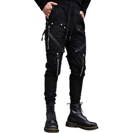MOKEWEN Men's Loose Buckle Straps Ankle Band Casual Cargo Joggers Pants with Pocket Black W29-30