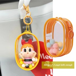 2Pcs Clear Figure Display Case with Keychain for Storage Dolls, Keychain Pouch Blind Box Display Carrying Case for Mini Figure Doll Collectors (Orange)