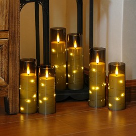 Yeelida Grey Flameless Candles with Remote and String Light, 2.2"x 5",5",6",7",7",8" LED Battery Operated Plastic Flickering Timer Pillar Candles(Pack of 6,Turn On/Off String Light Mode)