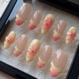 Ligth Yellow Press on Nails Medium Almond Handmade Nails with Glue,Handmade False Nails French Tip Nail Press ons 5D Flower Art Design Muti-Layer Gel Nail Luxury False Nails for Women (Size M)