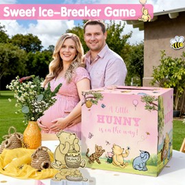 51Pcs Classic Winnie Bear Baby Shower Decorations Diaper Raffle Box with Tickets, Neutral Vintage Bear Baby Shower Games Winnie Gender Reveal Decorations (Pink)
