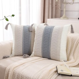 Tosleo Boho Gray Striped Throw Pillow Covers 18x18 Set of 2 with Tassels Neutral Decorative Pillowcase Farmhouse Rustic Retro Cushion Case Bohemian Home Spring Decor for Wedding Bedroom Living Room