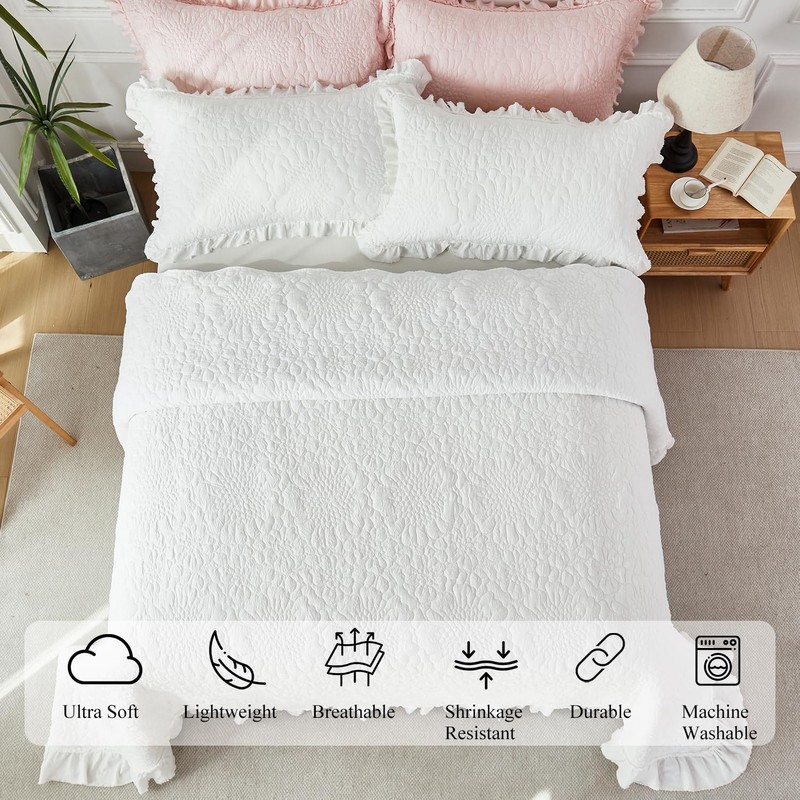WINLIFE Bright White Ruffled Quilt Set 3pcs Queen 90''x98'' -