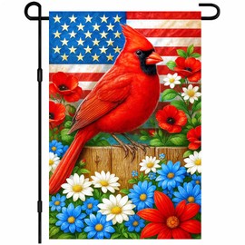 IVN Patriotic Garden Flag 12x18 Inch Double Sided Red Cardinal Bird With American Flag Flowers Outdoor Yard Lawn Courtyard Garden Decor For July 4th Independence Day Home Porch Seasonal Patriotic Decoration