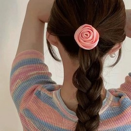 Rose Hair Ties for Women Satin Scrunchies for Thick Hair Accessories Elastic Ponytail Rose Flower Hair Rope (Pink+Red, One size)