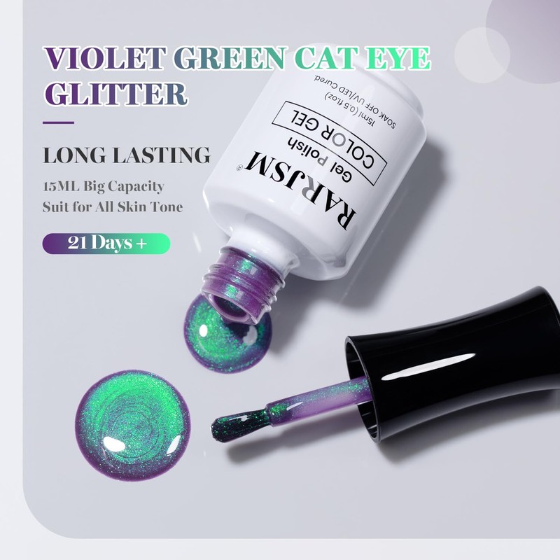 Deep Violet Green Glitter Cat Eye Gel Nail Polish with