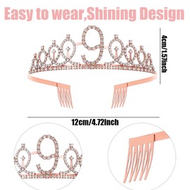 9th Birthday Decorations for Girls,Rose Gold Glitter Sash & Rhinestone Crown for 9 Year Old Girl Birthday Decor,Ideal Princess Gifts and Accessories for Little Birthday Girl