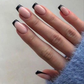 KQueenest 30 Pcs Black French Tip Press on Nails Medium Short Square Nails Press ons, Natural Nude Pink Fake Nails Acrylic, Glue on Nails with Design, Classy French Tip Nails for Women DIY Manicure