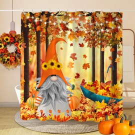 Linda cortina de ducha de gnomos de otoño, diseño de calabaza, girasoles, amarillo, rojo, dorado, hoja de arce, juego de cortinas de ducha para decoración de baño con ganchos, 72 x 72 pulgadas, decoración de baño de Acción de Gracias