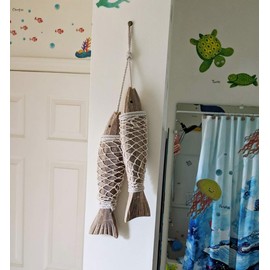 Rustic Wood Fish Décor Hanging Nautical Wall Decor, Wooden Nautical Fish Décor Beach Themed Decoration Coastal Décor Wall Art Decoration for Home Mediterranean Décor (Wood Color 2 Set)