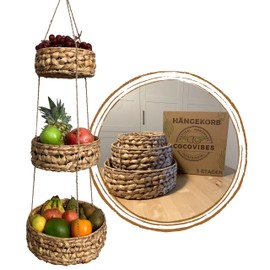 cocovibes Ronda Hanging Fruit Basket with 3 Baskets Made of Water Hyacinth / Fruit Storage / Decorative Kitchen Round 30 + 25 + 20 cm / Kitchen Hanging Stand 3 Levels Fruit Bowl / Fruit Basket