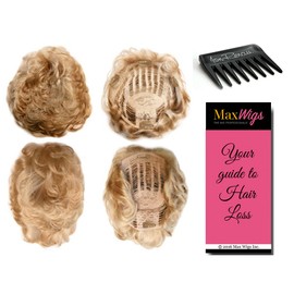 Playmate Curly Hair Topper Color 36 Brown with 5% Pure White - Jon Renau Wigs Synthetic Top Piece Large Base Bundle with Wig Comb, MaxWigs Hairloss Booklet