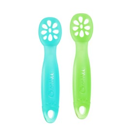 ChooMee FlexiDip Silicone Baby Learning Utensil | 4 Months + Baby Led Weaning | Flat Head Spoon with Firm Handle | Designed in USA, BPA Free, Premium Grade Platinum Silicone | 2 CT Aqua Green