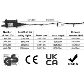 Gresonic 100/200/300/400LED Fairy Lights,8 Modes Timer String for Bedroom Plug in,Warm White Outdoor Garden Mains Powered Waterproof Christmas for Party(200LED,Green Cable)