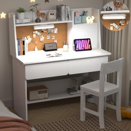 SFDOU White Desk and Chair Set for 5-12 Year Old,Kids Study Desk with 3-Color Lights, Kids Study Table with Charging Station, Study Table with Drawers and Storage Shelf-XD10