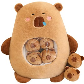 Capybara Plush Toy Kawaii Capybara Cuddly Toy with 6 Cute Baby Bag by Capybara Plush Cushion Stuffed Toys for Girls Boys Gifts, Brown