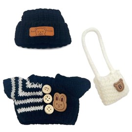Clothes for 17cm LBB Doll Outfits Cute Crochet 3 Piece Set - Hat Clothes Backpack for Plush Dolls Dress Up Unique Stylish (Black Stripes) (No Doll)