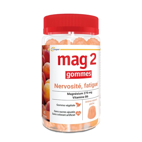 MAG 2 x Peach Erasers - Anti-Nerve and Anti-Fatigue - No Added Sugars - Nutritional Supplement with Magnesium and Vitamin B6-45 Gums - Elu Product of the Year 2023