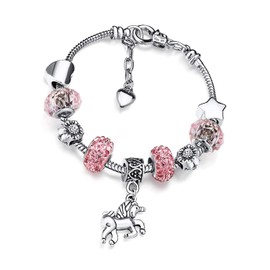 JUHONNZ Charm Bracelet for Girls, Pink Glittering Crystal Bracelet with Unicorn for 6-12 Years Children Girls Gifts Pink 14 cm