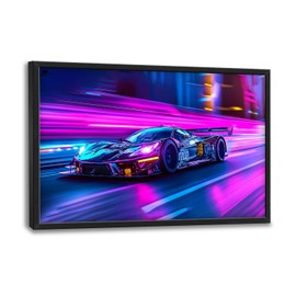 Flintis Large Racing Car Framed Wall Art Neon Race Supercar Pictures Wall Decor Abstract Colorful Car Canvas Painting Print Artworks Decor Framed for Living Room Bathroom Master Bedroom 36L X 24W
