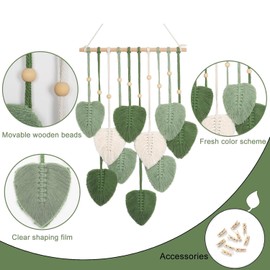 SZETOSY Macrame Tapestry, Green Leaves with Wooden Pegs, Wall Hanging, Handmade Tapestry, Photo Clips, Holder, Boho Decorative Macrame Tapestry with Wooden Beads, Art Woven Leaves