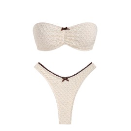 seamoly Conjunto de bikini estilo bandeau con lazo de cuadros azul clásico, Beige, Small