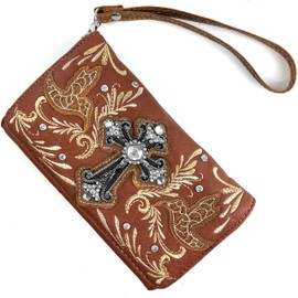 Justin West Embroidery Hummingbird Autumn Floral Design Rhinestone Cross Wristlet Trifold Wallet Attachable Long Strap (Tan Brown)