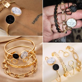 17IF 25 PCS(6 Pack) Dainty Boho Gold Chain Bracelets Set for Women Stackable Chunky Multipack Layered Bangles Adjustable Flat Cuff Cuban Punk Charm Bracelet Bundle Jewelry