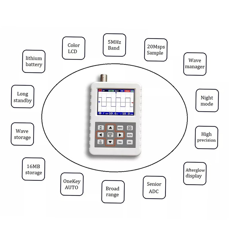 Digital Oscilloscope Handheld Oscilloscope Mini Size Oscilloscope with 5M Bandwidth