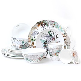 KOKEN Dinnerware Sets – Classic Plates and Bowls Sets with Elegant Dishes Set for 4 – Microwave safe plates and bowls sets – Dinnerware Sets of Bone china Kitchen Plates, mugs and Bowls. (Jungle)