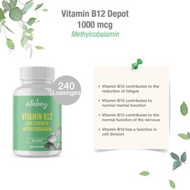 Vitabay Vitamin B12 1000mcg - 240 Vegan & Sublingual Vitamin B12 Tablets - Lozenges of Methylcobalamin Active Form with Mixed Berries Flavour - Laboratory Tested