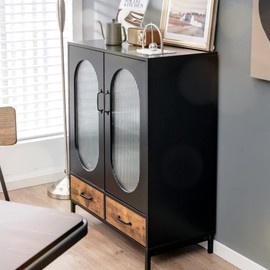 LOKO Buffet Cabinet with Storage, Kitchen Sideboard Cabinet with Tempered Glass Doors and Drawers, Industrial Style Cupboard Credenza Storage Cabinet, 31.5 x 16 x 39.5 inches