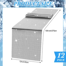 Moukeren 12 Packs 12 x 108 Inch Glitter Disco Table Runner, 70s 80s Theme Party Decorations, Mirror Sparkle Sequin Table Cover for Bachelorette Party Dance Birthday Wedding Supplies (Silver)