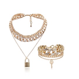 COLORFUL BLING Shiny Hip Hop Rhinestone Cuban Link Chain Lock Pendant Necklace With Bracelet Set Punk Cubic Zircon Layered Choker Necklace for Women Unisex Jewelry-N gold three key