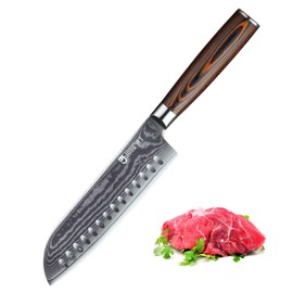 JOURMET 7" Damascus Santoku - Professional Sharp Blade Chef Kitchen Knife with Japanese VG10 Super Steel Core, Professional 67-layer Handmade PAKKA Wood Handle with S/S 430 Bolster