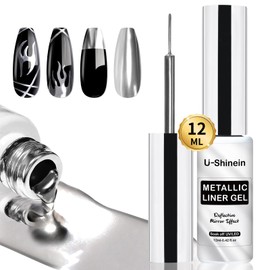 U-Shinein 12ml Metallic Painting Gel Liner Nail Art 3D Mirror Chrome Effect Metal Painted Drawing Gel Build in Thin Brush Soak Off UV/LED Silver Striper Gel for Salon Home DIY Manicure