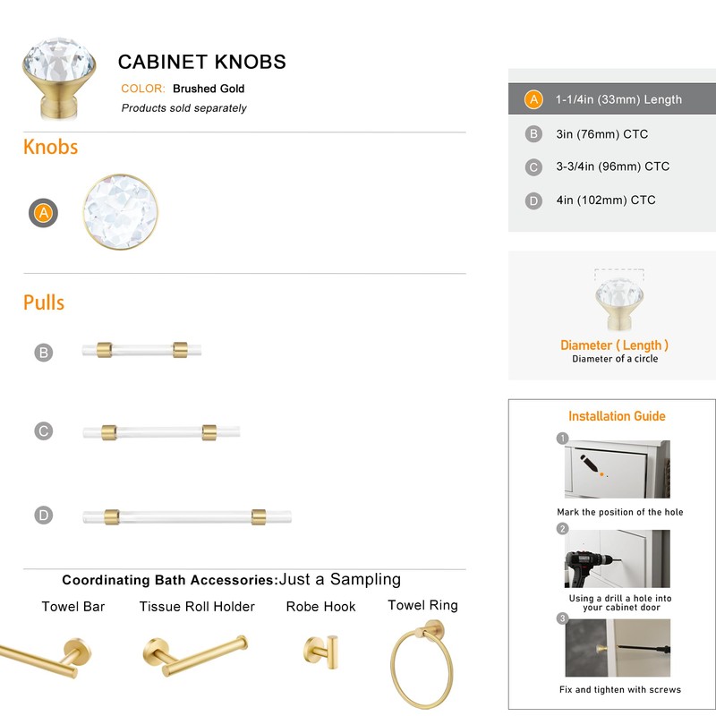 QOGRISUN 10-Pack Brass Crystal Cabinet Knobs,Glass Crystal Gold Drawer Knobs,1-1/4-Inch