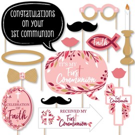 First Communion Pink Elegant Cross - Girl Religious Party Photo Booth Props Kit - 20 Count