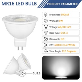 Caldarax 6 Pack MR16 GU5.3 LED 5W 12V Reflector Bulb, Cool White 6000K, Equivalent to 50W 35W Halogen Spotlight Bulb, 500LM, 120Beam Angle, Non-Dimmable, for Hallway, Ceiling Spotlight