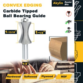 Akylin's Convex Edge Oval Router Bit 1/2" SHK x 1-13/16"CL, Shallow Bullnose at 1-1/2" Length,Convex Column Molding Router Bits-Perfect for Stair Treads and Shelf Edges